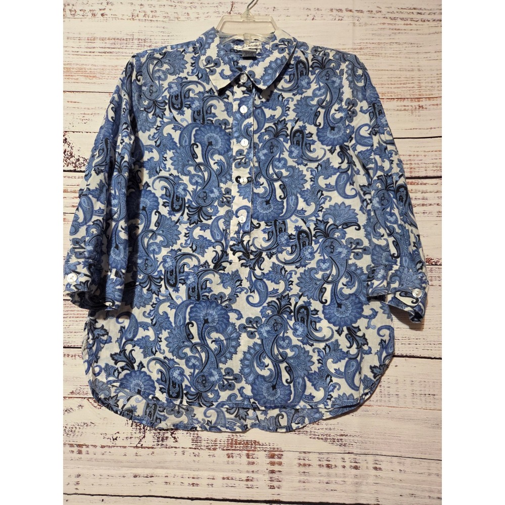 Rebecca Malone Blue Paisley Cotton Tunic Top 3/4 Sleeve Small